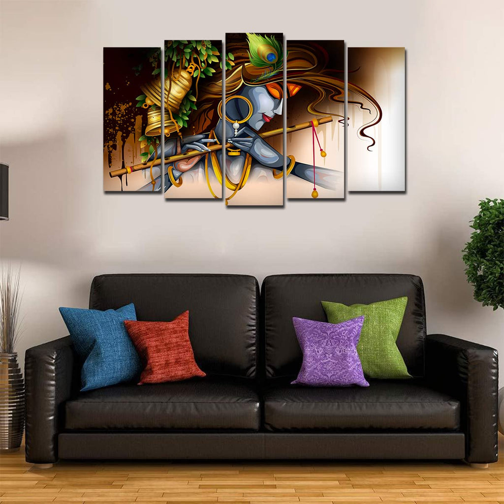 VIBECRAFTS A Beautiful Krishna Playing Bansuri 5 Pieces Canvas Wall Painting For Home|Office|Living Room|Gift (PTVC5Pcs2_6505)