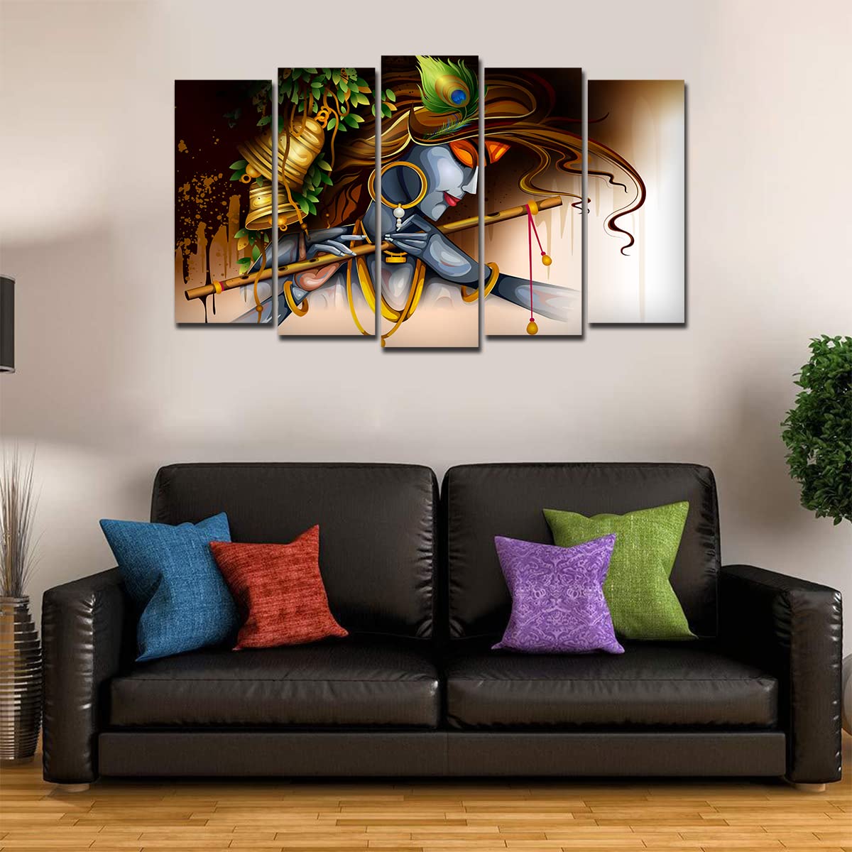 VIBECRAFTS A Beautiful Krishna Playing Bansuri 5 Pieces Canvas Wall Painting For Home|Office|Living Room|Gift (PTVC5Pcs2_6505)