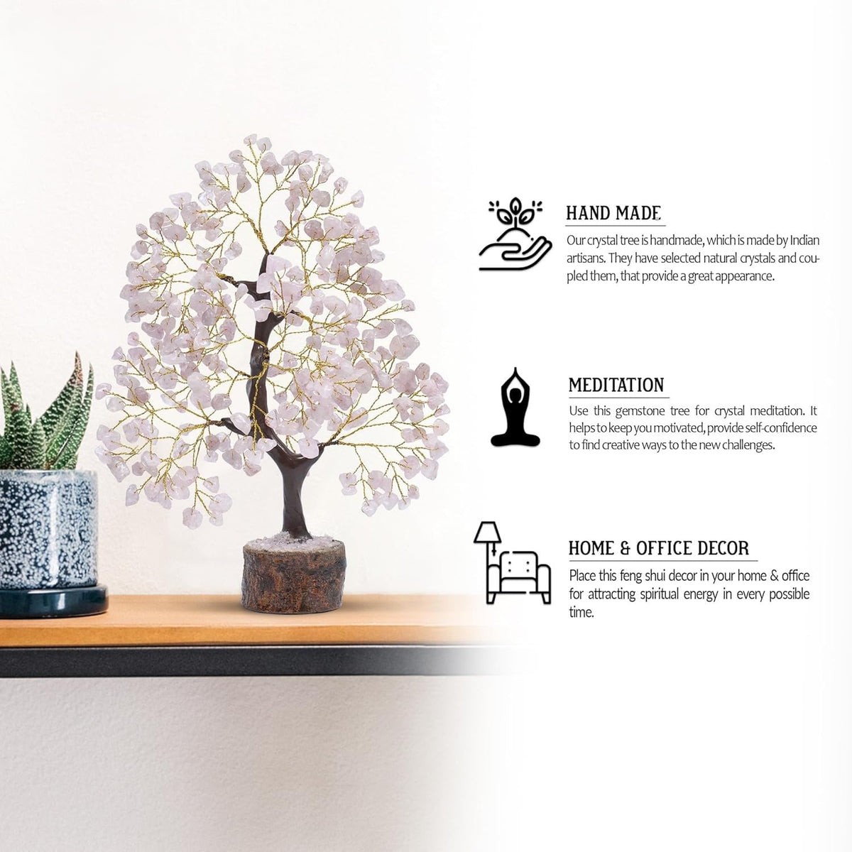 KHOLAD Rose Quartz Natural Crystal Money Tree | Feng Shui Healing Gemstone Tree for Love, Peace, Harmony & Positive Energy | Decorative Bonsai Tree for Home Decor & Office (Pink)