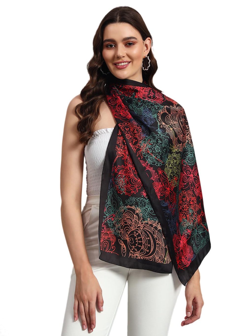Ravaiyaa - Attitude is everything Women Lightweight Printed 100% Satin Silk Scarf Stoles for Female Breathable Neckerchief Head Beach Wrap Scarves (Black Butterfly, 70 X 20 Inch)