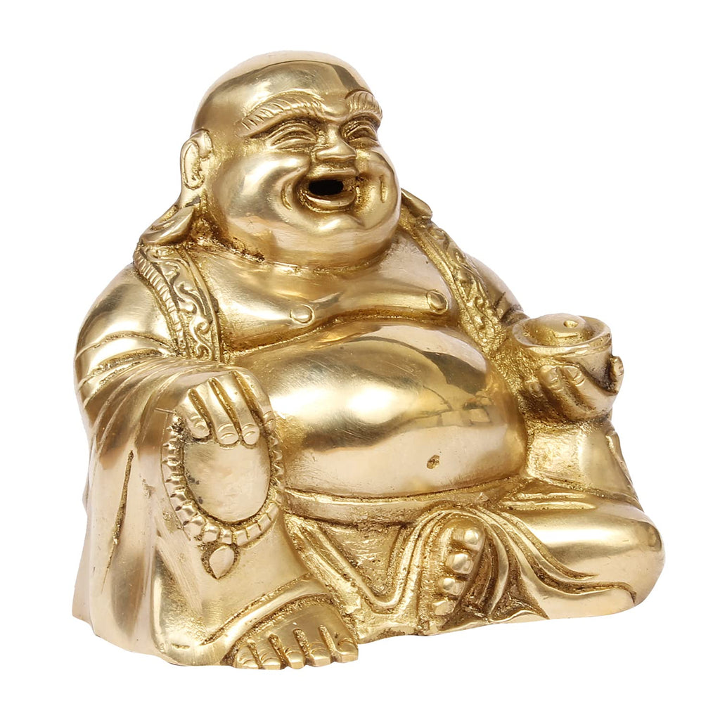 ARTVARKO Brass Feng Shui Happy Man Laughing Buddha Sitting and Holding Ingot Statue for Attracting Money Wealth Prosperity Financial Luck.