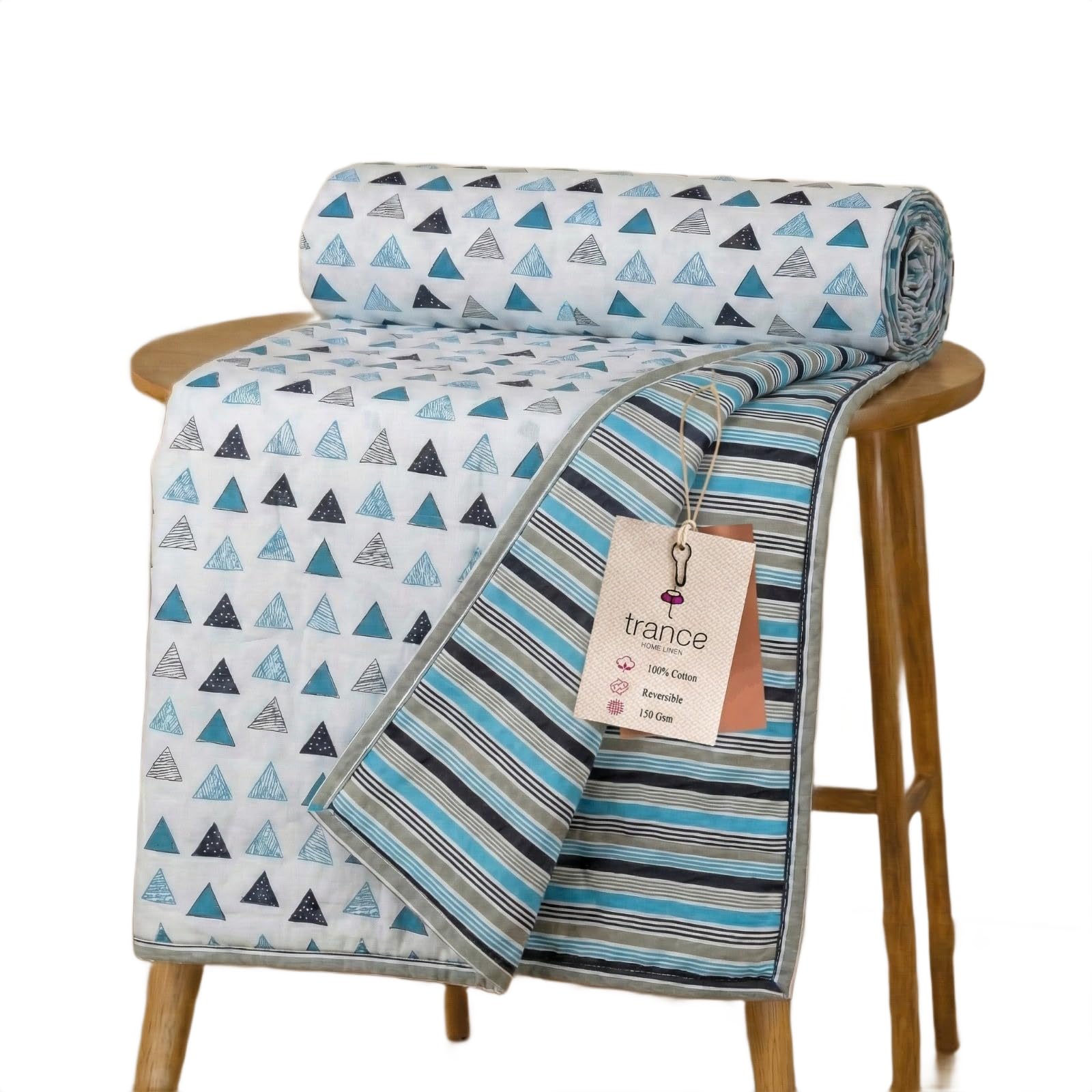 Trance Home Linen Premium 100% Cotton Dohar for Single Bed | 150 GSM | Reversible Ac Comforter | Light Weight All Season Soft Blanket (58x90 Inches | Blue Black Triangles) Kafalo