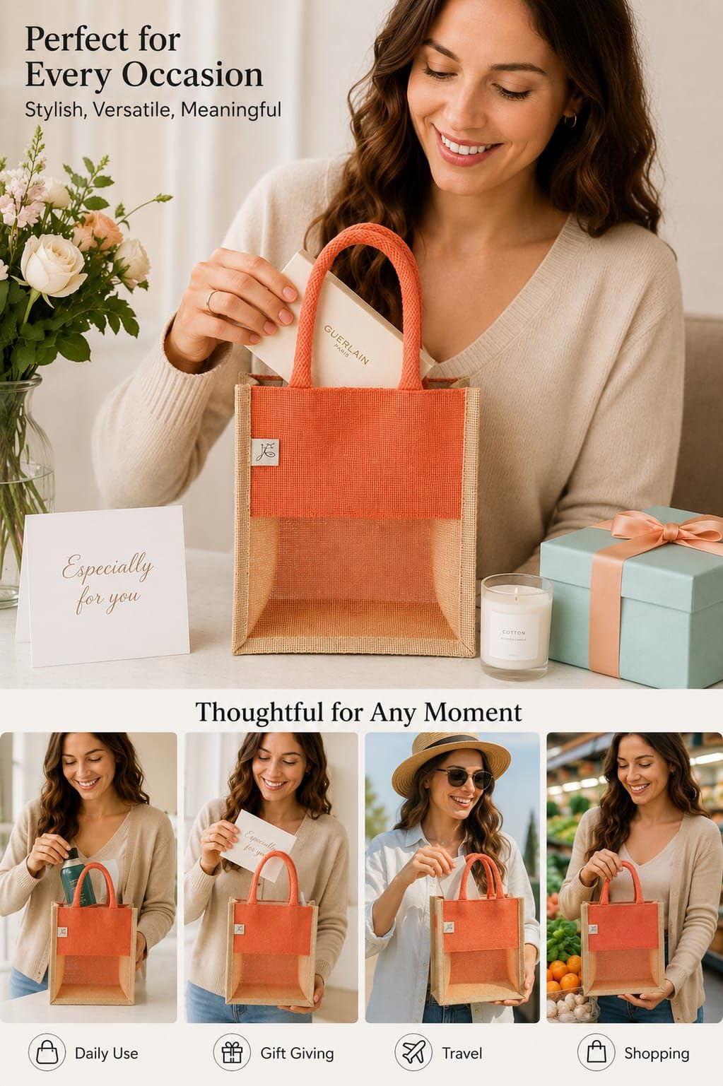 Small Jute Tote Bag with Mesh Window Panel, Natural Beige, Rope Handles, Gift Bag (Red) (Size -10 * 8 * 5)