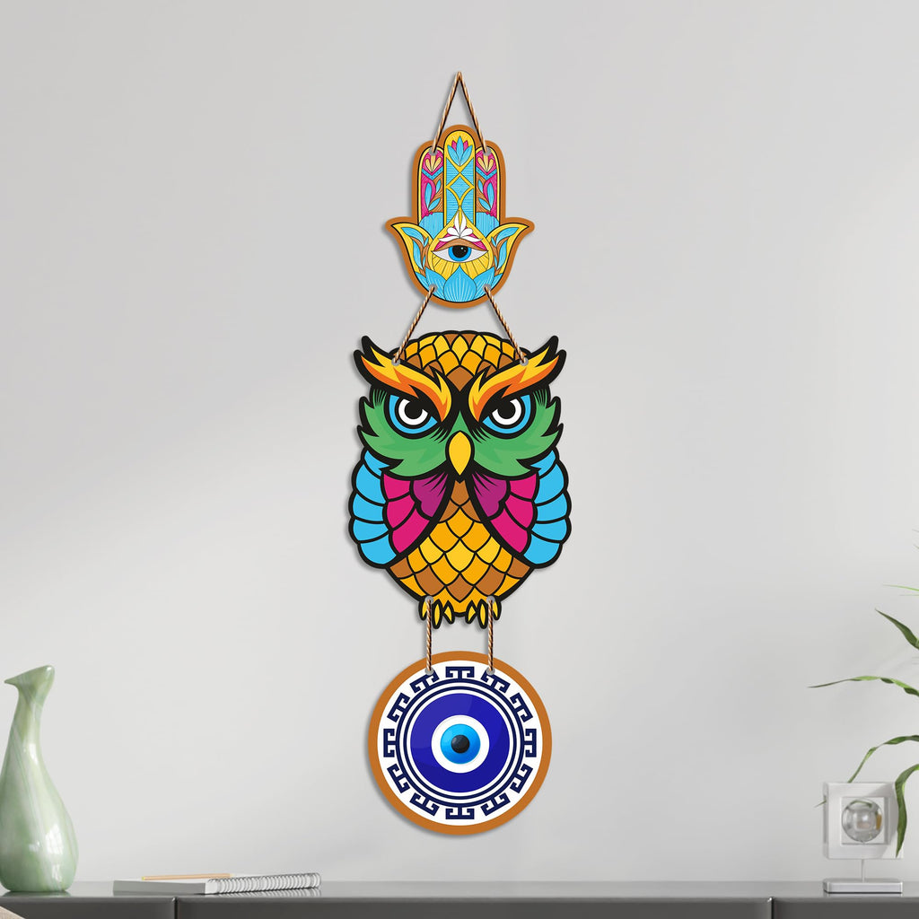 Artvibes Owl Evil Eye Nazar Protection Wall Hanging for Home Entrance | Decorative MDF Vastu Wall Art | Lucky Charm Decor for Bedroom | Living Room | Balcony | Office & Main Door (WH_8522N)