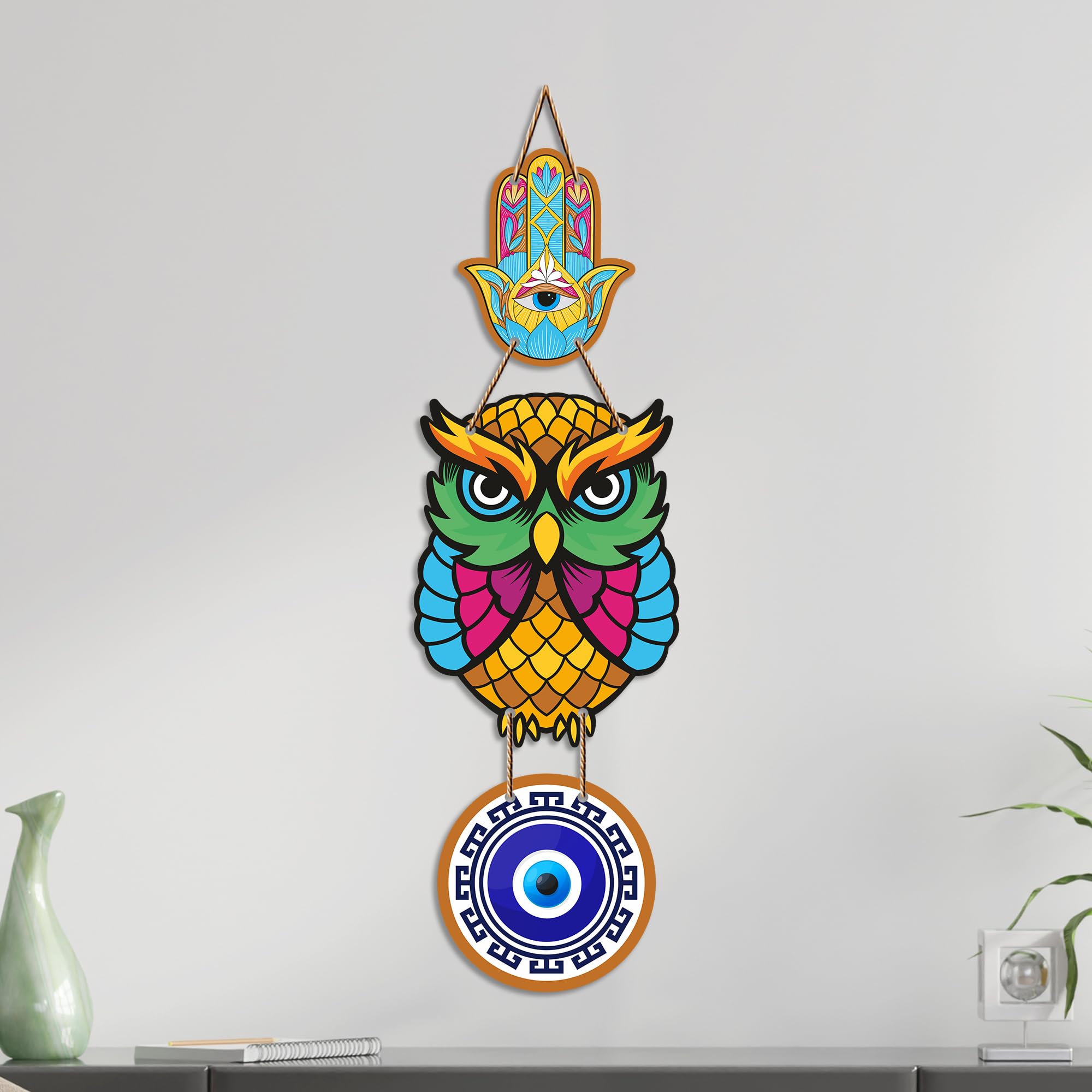 Artvibes Owl Evil Eye Nazar Protection Wall Hanging for Home Entrance | Decorative MDF Vastu Wall Art | Lucky Charm Decor for Bedroom | Living Room | Balcony | Office & Main Door (WH_8522N)