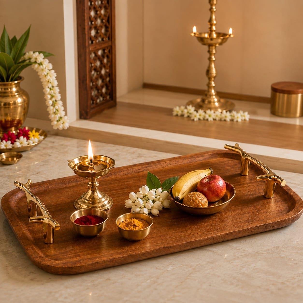CentraLit Decorative Acacia Wooden Tray for Serving - Dining Table Accessories & Kitchen Organizer Serving Trays - Luxury Wooden Tray| Gold Handles for Home Decoration (Twig Handles)