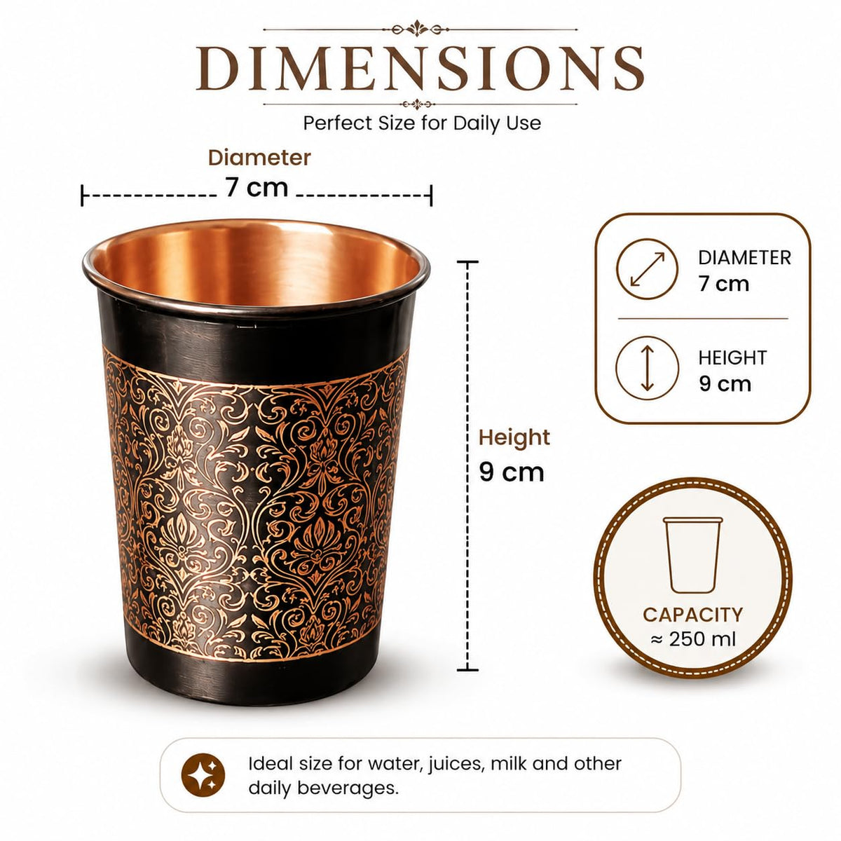 i2collections Pure Copper Water Glass Set of 2 with Elegant Etching Design, Handmade Ayurvedic Drinking Tumblers for Daily Use, Dining, Kitchen, Festive, Wedding & Housewarming Gift Set