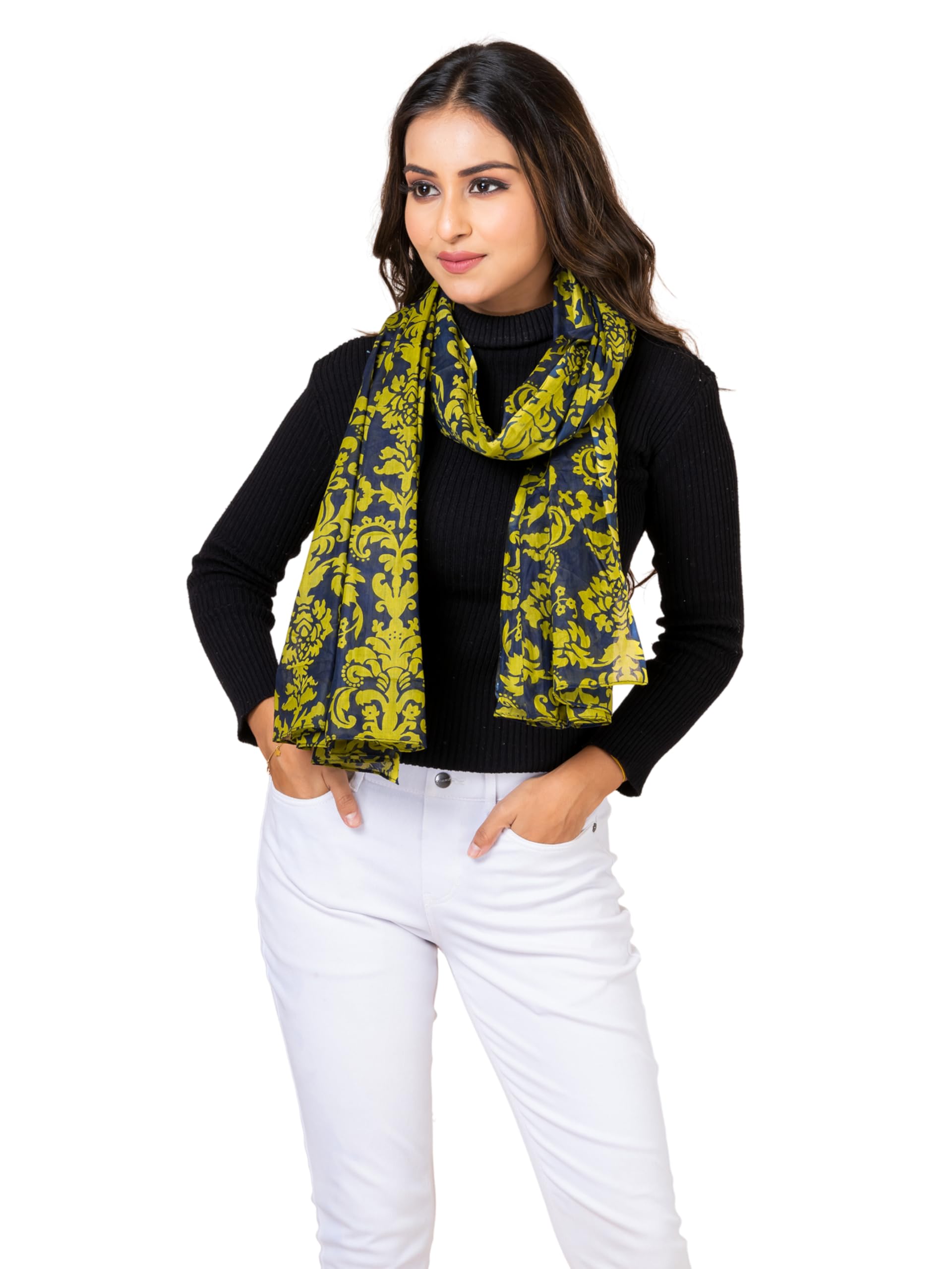 AQVA Printed Cotton Scarf for Women Stylish (Navy Lime) | Head and Face Cover Scarf for Girls with 100% Cotton | Soft & Lightweight Scarves/Stoles for all Weather (72 x 43 in)