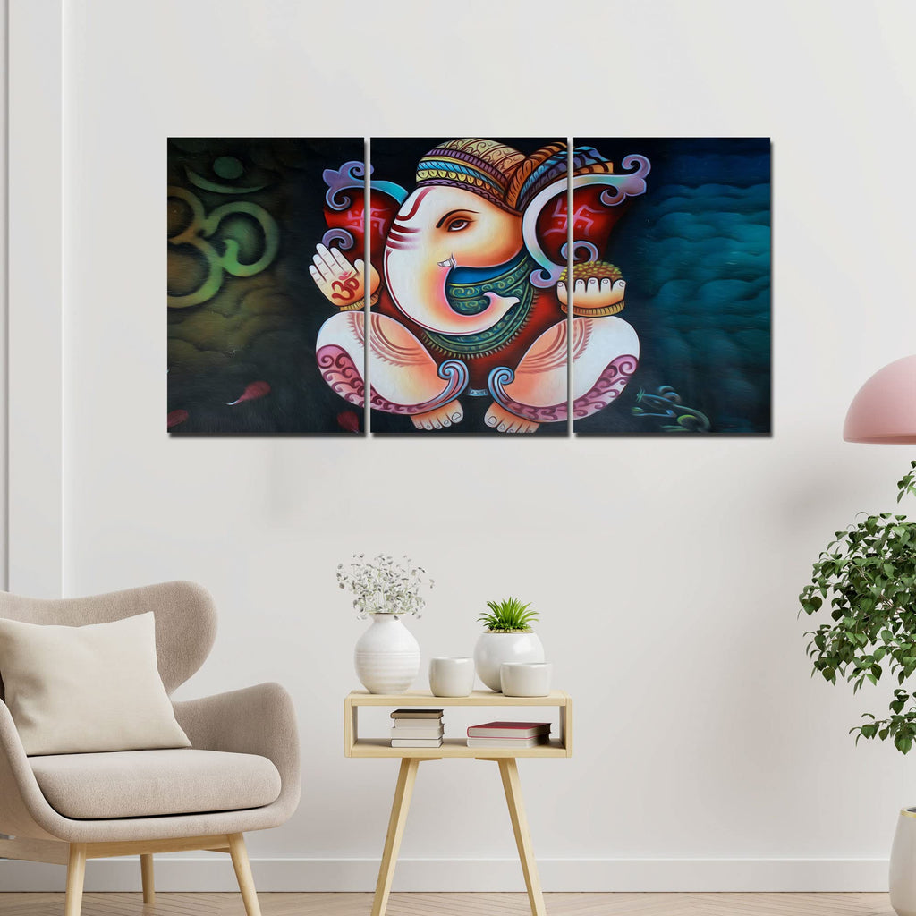 VIBECRAFTS Hindu Ganesha 3 Pieces Canvas Wall Painting Fitted With Wooden Frame For Home | Office | Living Room | Gifts(PTVC3Pcs3_11514)