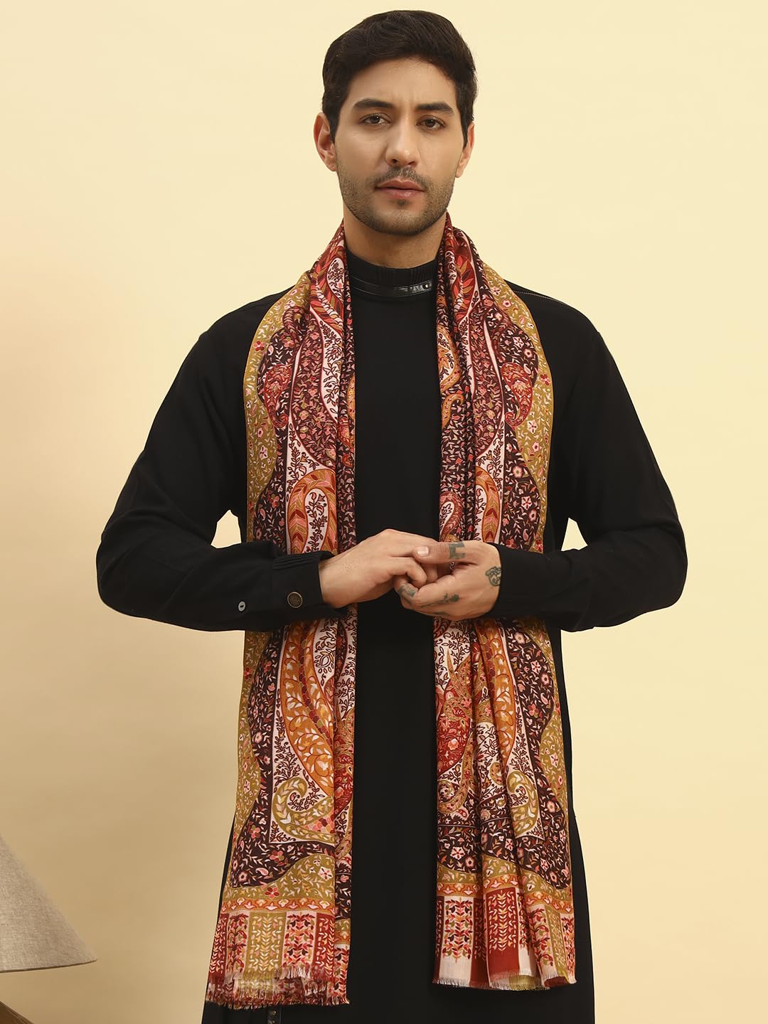Pashmoda Men Royal Embers Fine Soft Bamboo Fibre Stole, Multicoloured Design, Evening Wrap, Luxury Pashmina Style Scarf, Wrap, Sustainable and Natural Fabric (Size 28x80, Orange colour) MISST33