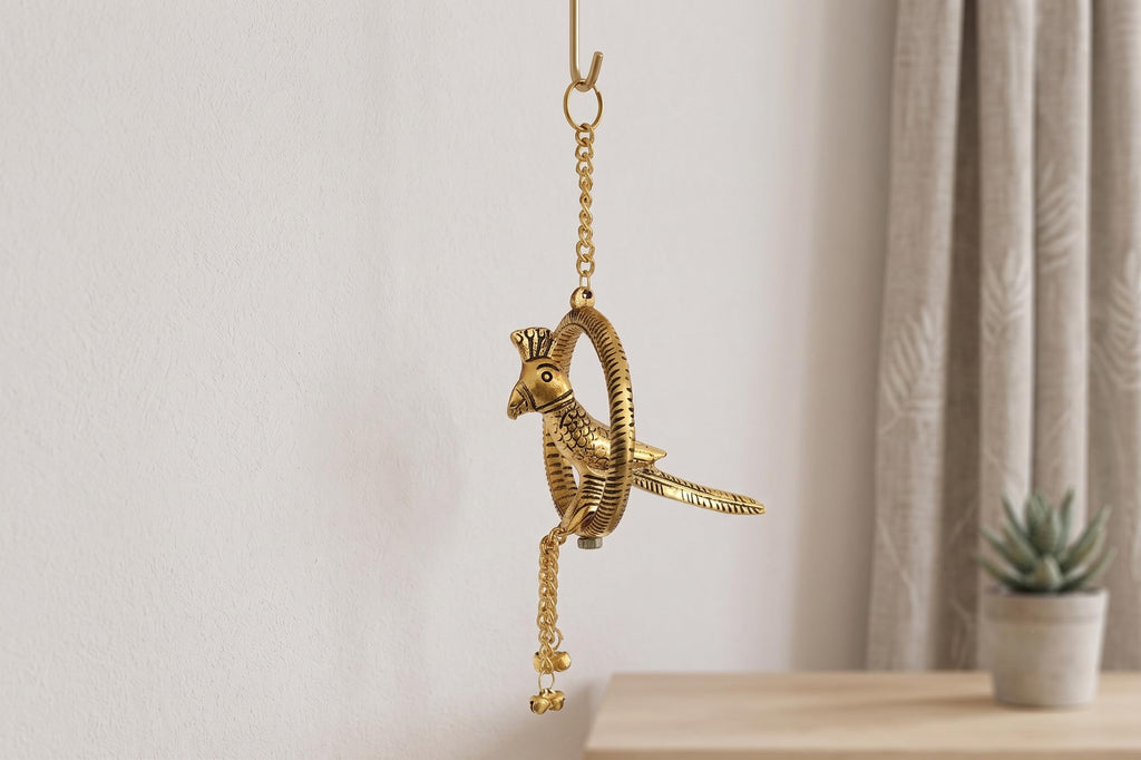 KridayKraft Decorative Metal Parrot Wall Hanging – Golden Ring Design with Bells, Traditional Home Decor Item for Living Room, Entrance & Gift.