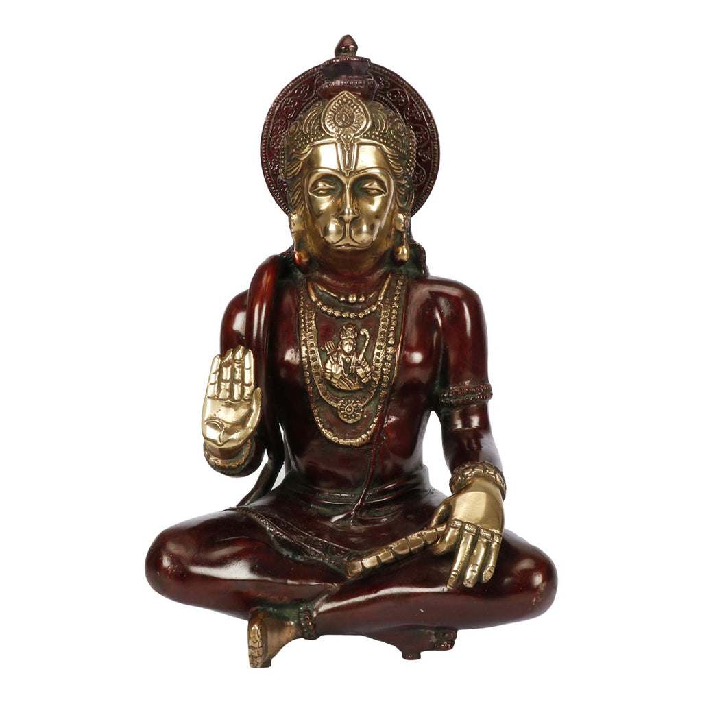 ARTVARKO Brass Hanuman Idol | Bajrang Bali Sitting Blessing Meditation for puja Sculpture Diwali Decor Gifts Height 11 Inches (Red & Gold Finish)