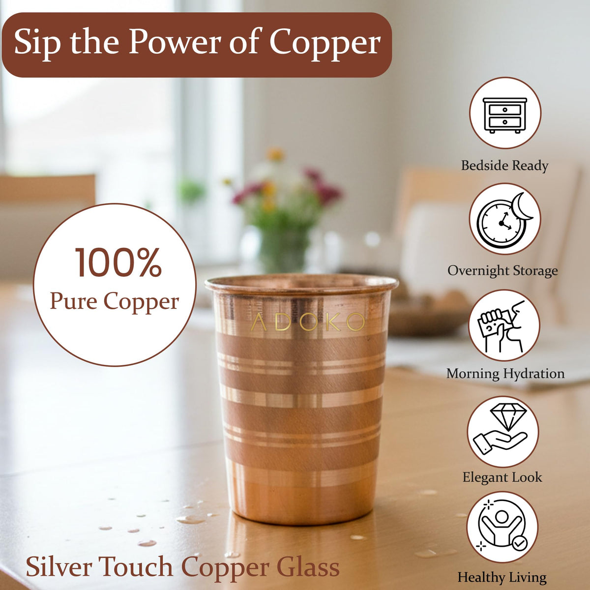 Adoko 100% Pure Copper Tumbler 300ml | Ayurvedic Drinking Glass for Water | Handcrafted Copper Utensil for Daily Use – 1Pc