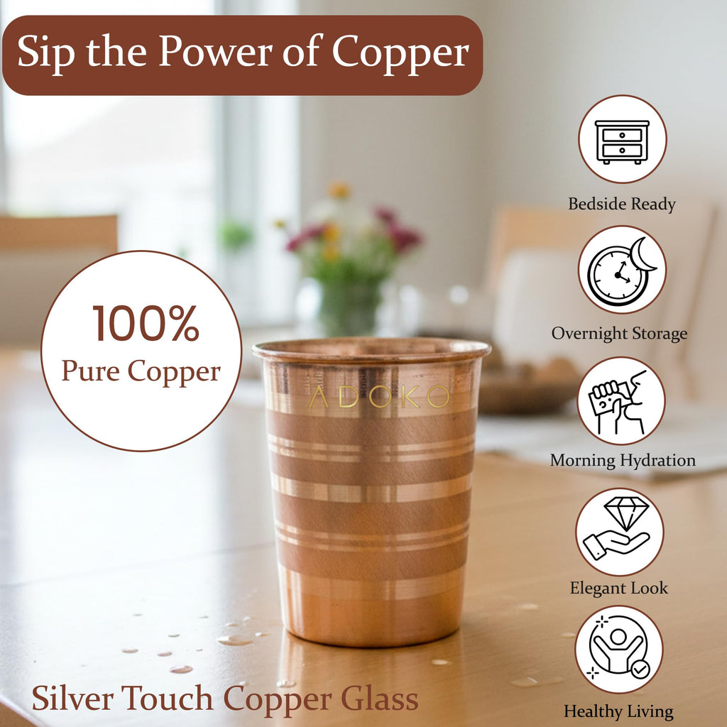 Adoko 100% Pure Copper Tumbler 300ml | Ayurvedic Drinking Glass for Water | Handcrafted Copper Utensil for Daily Use – 4Pcs Set