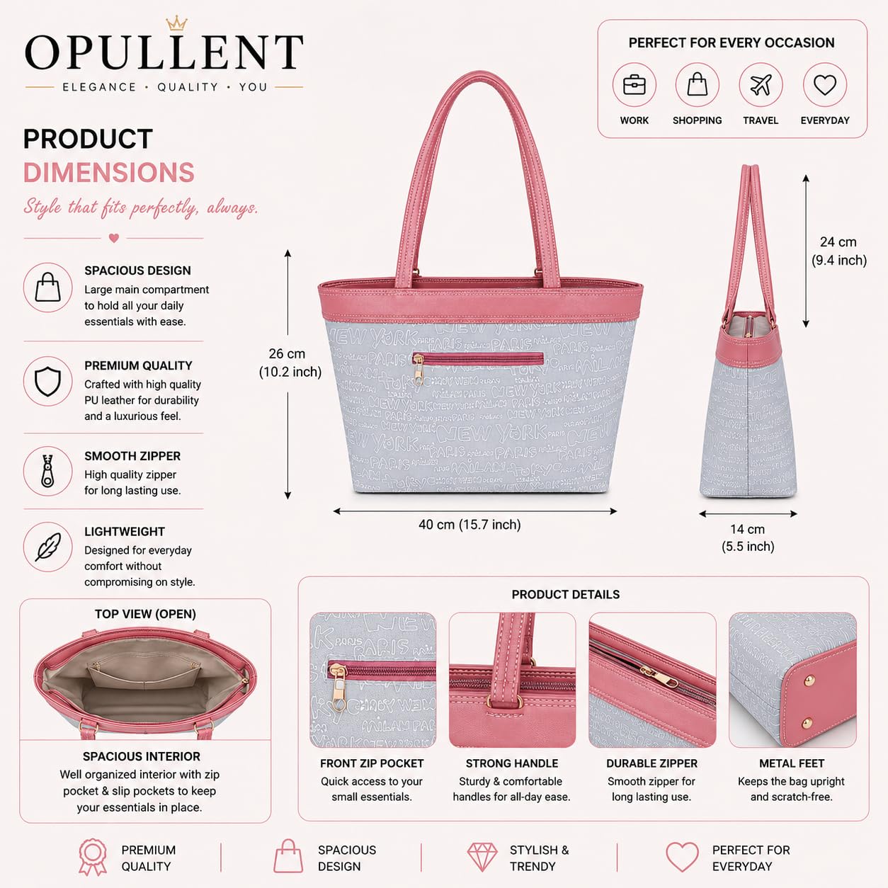 OPULLENT Large Capacity Tote Bag For Women (Pink)