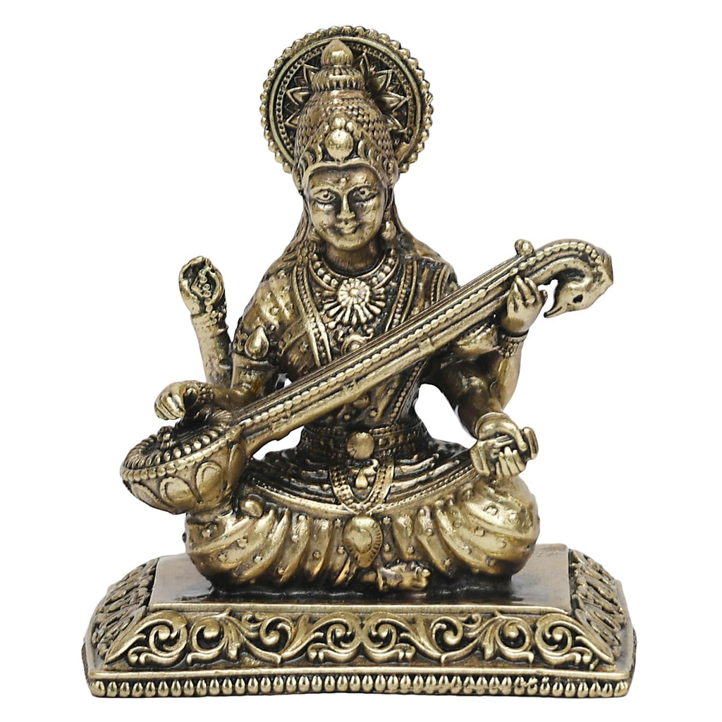 ARTVARKO Brass Superfine Sarasvati Goddess Maa Saraswati Education Study Vidya Devi Idol Puja Knowledge Music & Art Religious Murti 3 Inch