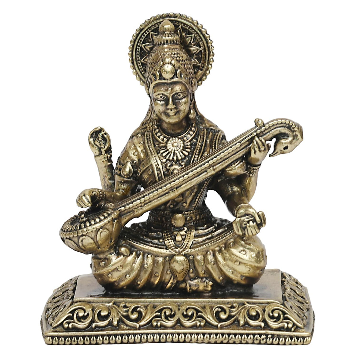 ARTVARKO Brass Superfine Sarasvati Goddess Maa Saraswati Education Study Vidya Devi Idol Puja Knowledge Music & Art Religious Murti 3 Inch