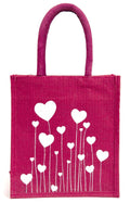 H&B Eco-Friendly Jute Bag for Women & Girls – Maroon Tote with White Heart Print | Reusable, Lightweight, Stylish Shopping & Gifting Bag Size:11x10x6 in