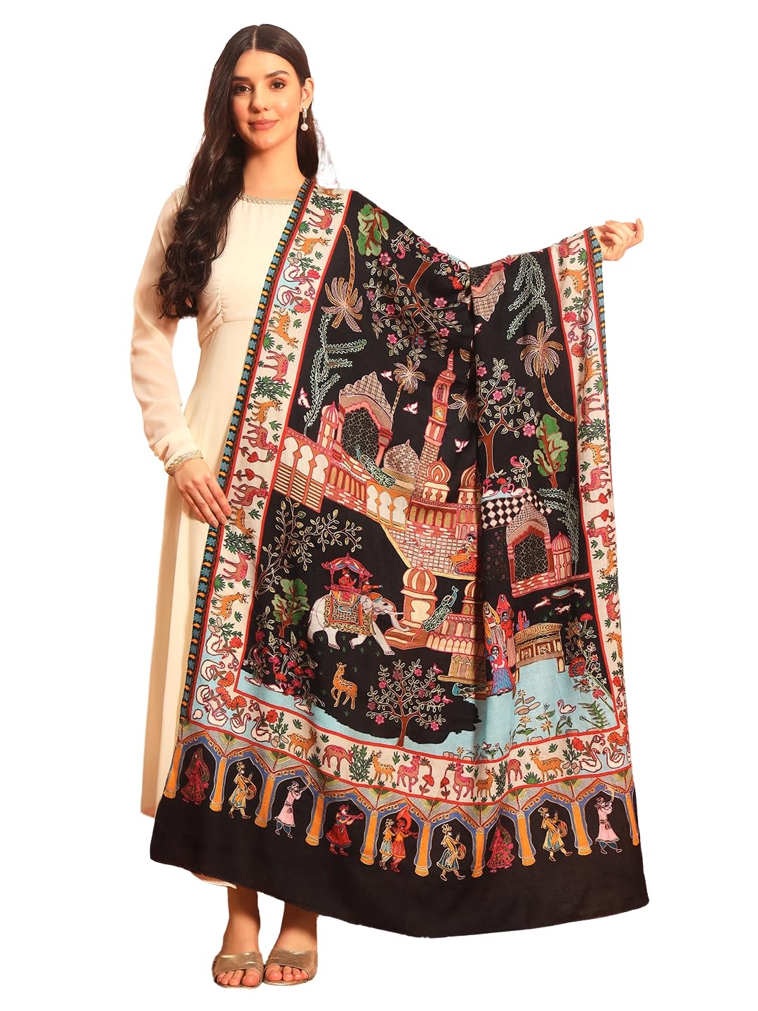 Pashmoda Women Mughal Bagh 100% Pure Wool Fabric Kalamkari Embroidered Shawl (Size: 40x80in, 101x203cm) KAS22