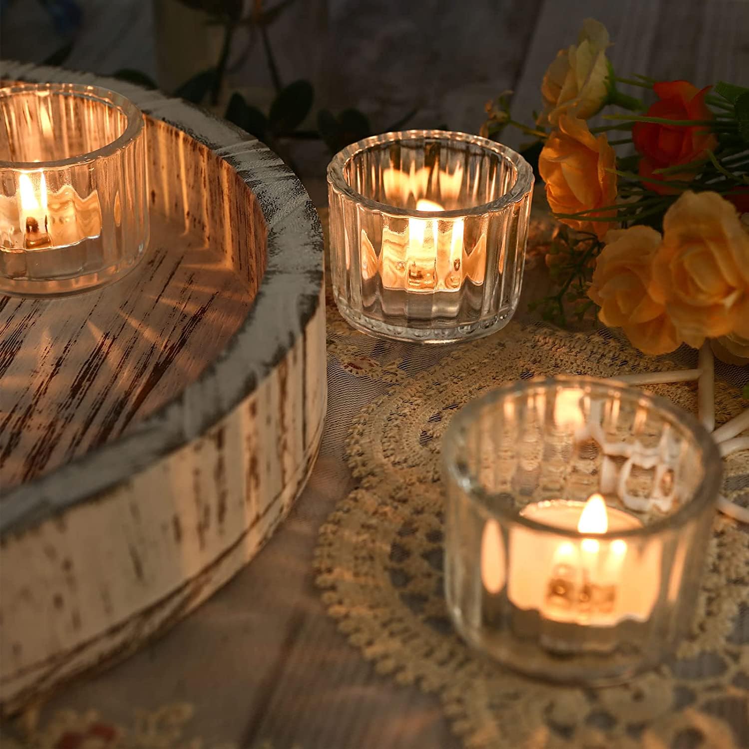 Mahganya Set of 6 Votive Glass Tealight Candle Holders - Christmas Decorations Items for Home Dcor Living Room Bedroom Dining Table (Red) - Christmas and Diwali Gifts Multi Color (Clear)