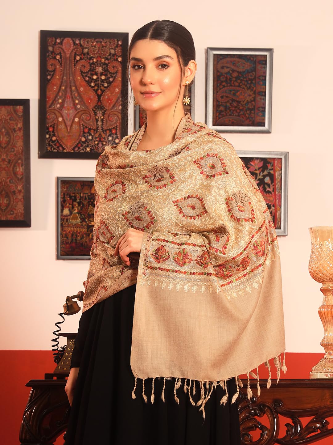 Pashmoda Women Ornate Harmony Fine Wool Nalki Embroidered Stole (Size : 28x80in, 71X203cm) EMST03