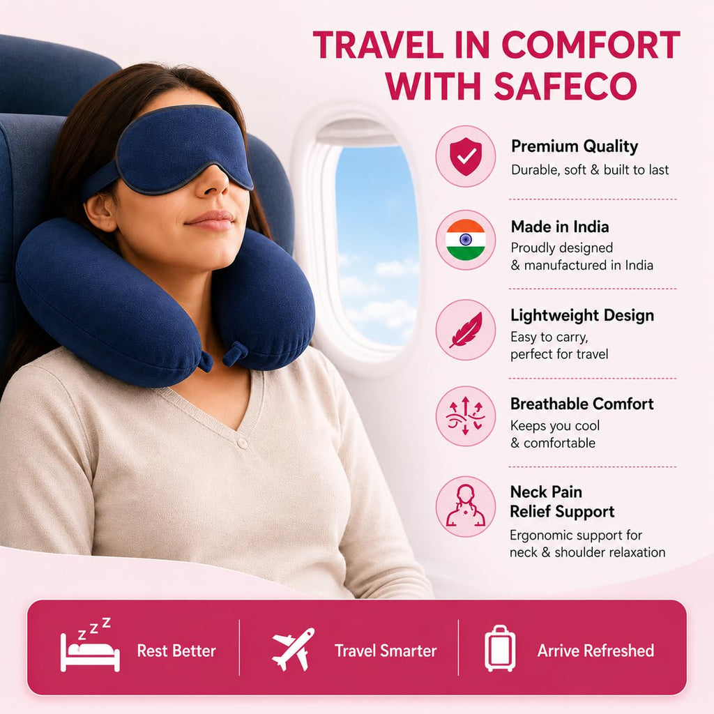Billebon Gel Infused Memory Foam Neck Pillow, Travel Pillow with Adjustable Velcro Straps, for Travelling & Flight Travel, Ergonomic Support for Comfort