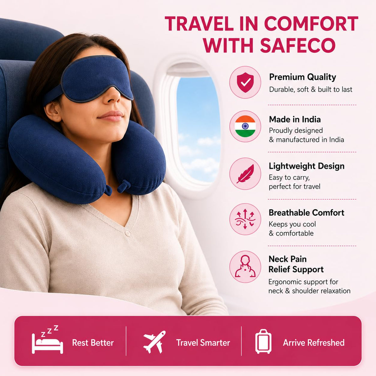 Billebon Gel Infused Memory Foam Neck Pillow, Travel Pillow with Adjustable Velcro Straps, for Travelling & Flight Travel, Ergonomic Support for Comfort