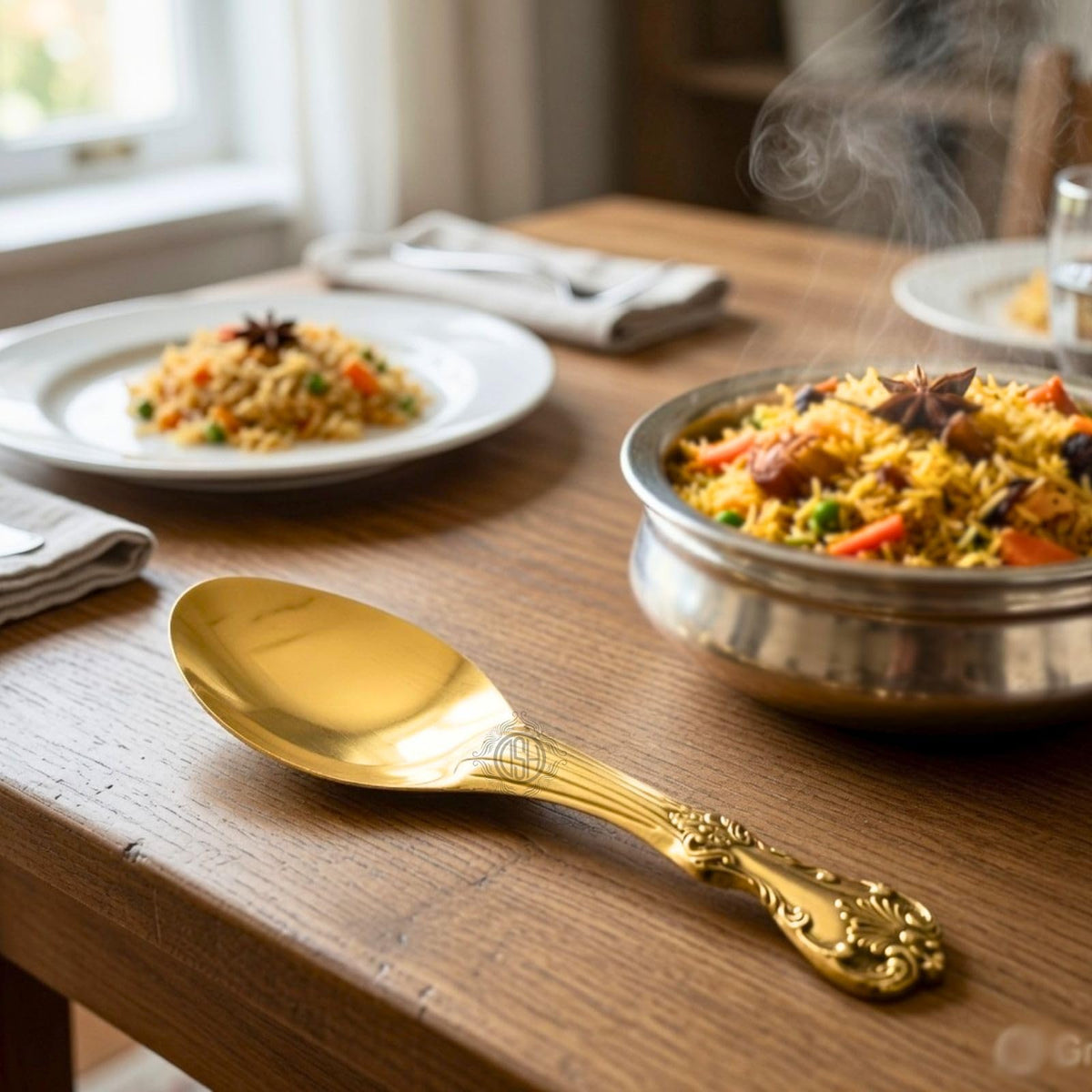 DSH Pure Brass Spoon Cooking and Serving Spoon Set Embossed Design for Home Hotel and Restaurant. (Rice Palta)