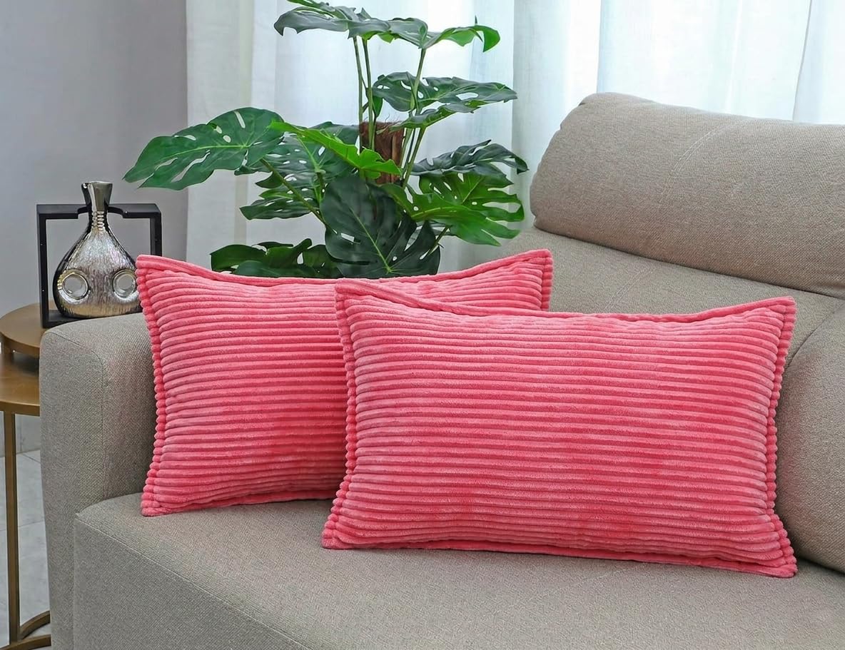 RD TREND® Corduroy Cushion Cover Set of 2, Striped Double Sided Decorative Throw Pillowcases for Sofa, Bed & Living Room Rectangular Long Cushion Covers 18x28 inches | Salmon