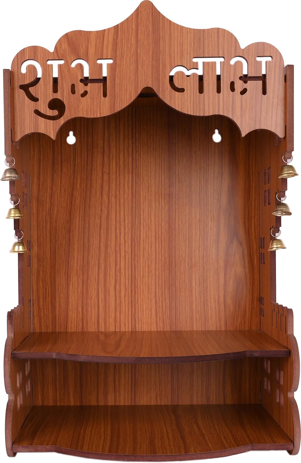 Wooden Temple for Home – Wall Mounted Pooja Mandir | Decorative Prayer Shelf with Storage | Engineered MDF Wood | Compact 9x8x14 Inch (Style -2)