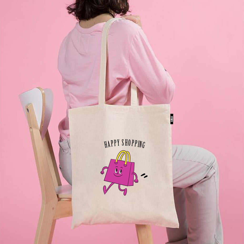 VVWV Happy Shopping Funny Printed Reusable Tote Bags | 100% Organic Cotton Shopping/Grocery Bag | Multi-Purpose Bag | Sturdy Canvas Bag with 15kgs Capacity (13 x 15.7 Inch)