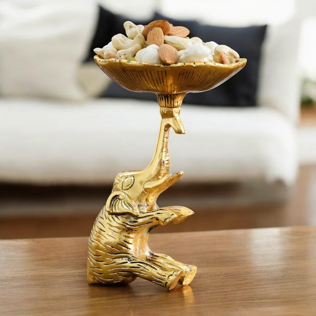 KridayKraft Metal Baby Elephant Trunkup Showpiece Dry Fruit Bowl Showpiece Silver Polish for Your Home,Office Table Decorative,Elephant Showpiece Bowl for Gift,Animal Figurines