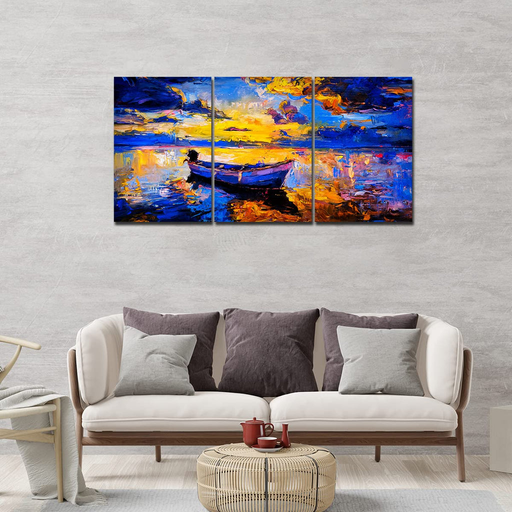 VIBECRAFTS 3 Pieces Sky Sunset And Boat On The Water Canvas Wall Painting Fitted With Wooden Frame For Home | Office | Living Room | Gifts(PTVC3Pcs3_11505)