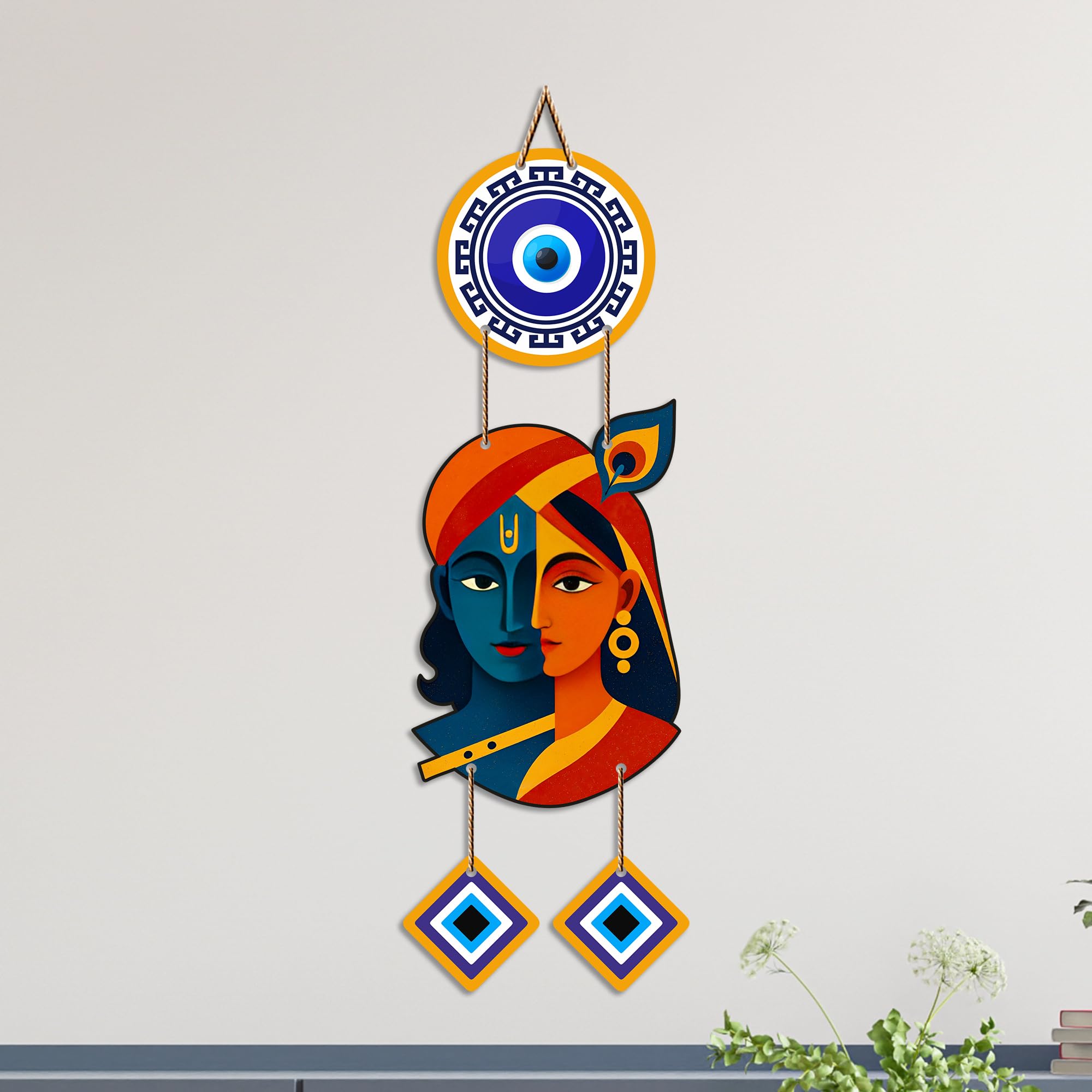 Artvibes Radha Krishna Artistic Evil Eye Wall Hanging for Home Entrance Decor | Nazar Battu Protection Hanging for Living Room Bedroom Temple | Vastu Positive Energy Decorative Gift (WH_8576N)