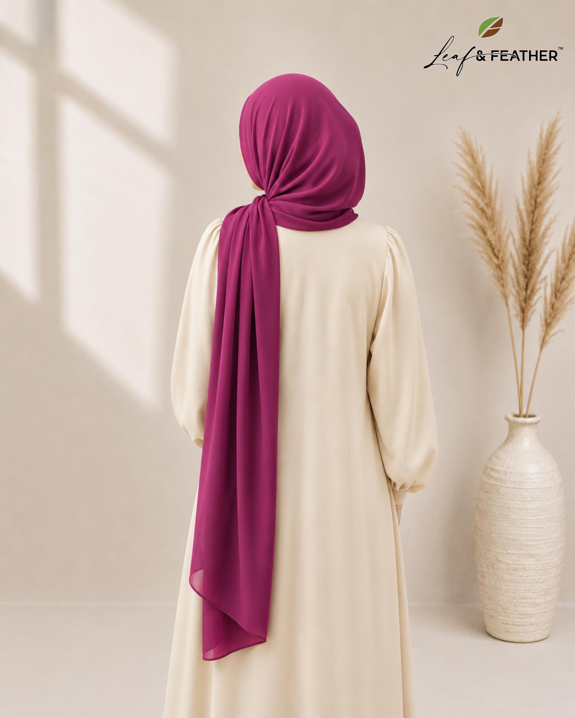 Leaf & FEATHER™ Chiffon Georgette Hijab Scarf for Women | 170 x 70 cm | Lightweight & Breathable Shawl | Daily Wear & Occasion (Rose Wine)