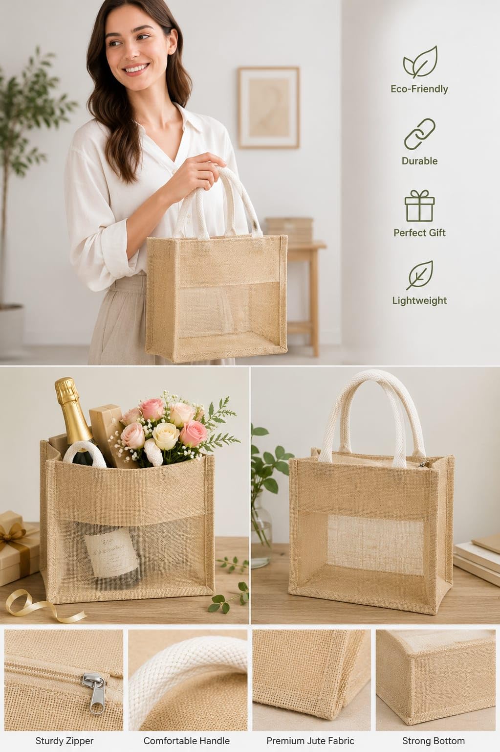 Small Jute Tote Bag with Mesh Window Panel, Natural Beige, Rope Handles, Gift Bag (Brown) size - 10 * 8 * 5