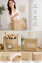 Small Jute Tote Bag with Mesh Window Panel, Natural Beige, Rope Handles, Gift Bag (Brown) size - 10 * 8 * 5
