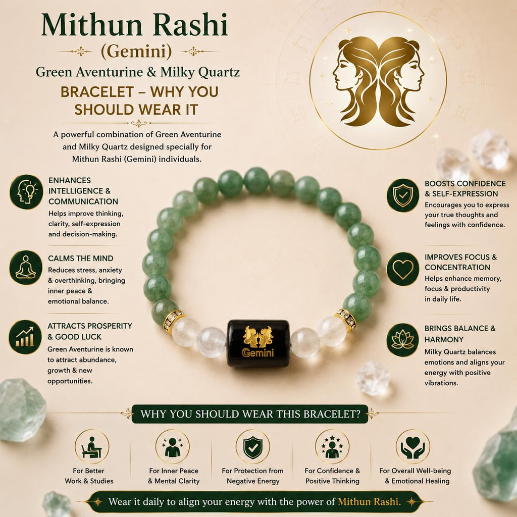 A&S Ventures Mithun Rashi Zodiac Bracelet | Green Aventurine & Milky Quartz Natural Stone Handband | Gemini Horoscope Bracelet Handmade Gemstone Jewelry for Daily Wear