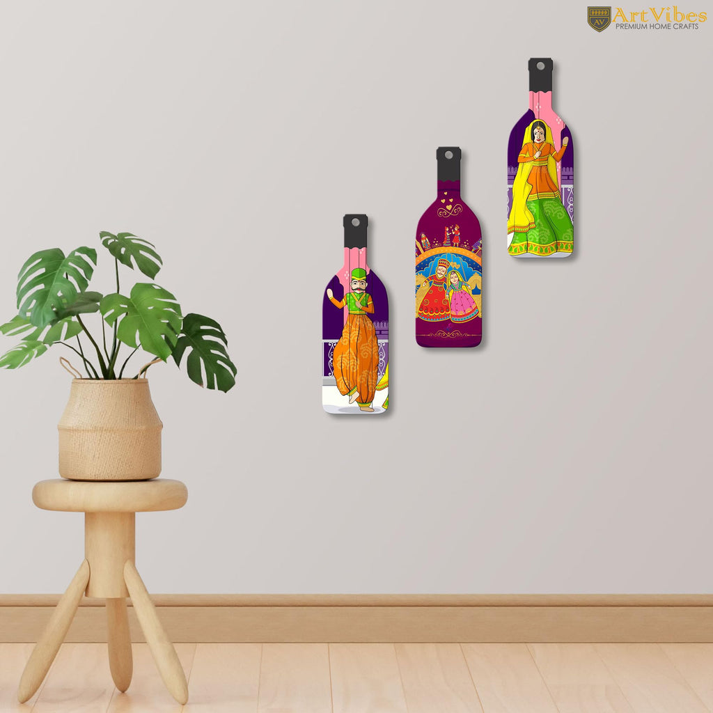 Artvibes Rajasthani Puppet Dance Decor Bottle shaped Wooden Wall Hanging | Living Room | Office | Wall Art Painting For Hall | Graphic Artwork | Wall Art Print | Ideal Gifts (WH_9529N), Set of 3