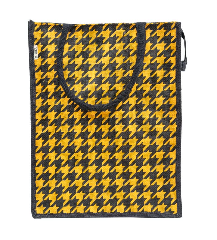 JUTEKA Tangy Houndstooth Printed Jute Lunch Bag - Grocery, Tote, Hand, Picnic Bag for Men, Women, Girls, Kids With Zip