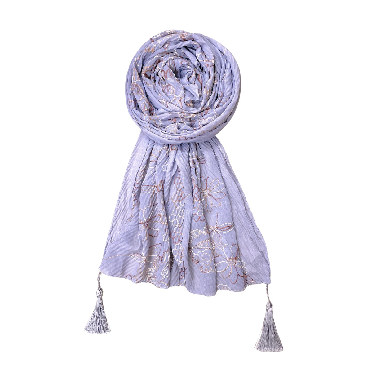 FAHABO Scarf Woman Pleated Cotton Scarves with Embroidery and Tassels | Hijab Scarf | Headscarf | Neck Scarf | Stoles | Wraps (Whisper Grey -1)