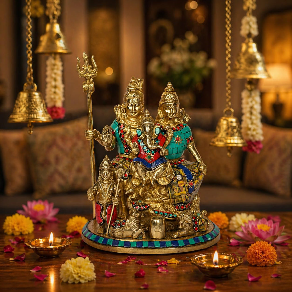 SVARUP Brass Shiva Parvati Shiv Parivar Shankar Bhagwan Ganesh Family Murti Idol Statue Sculpture Multicolor Height 10 Inch