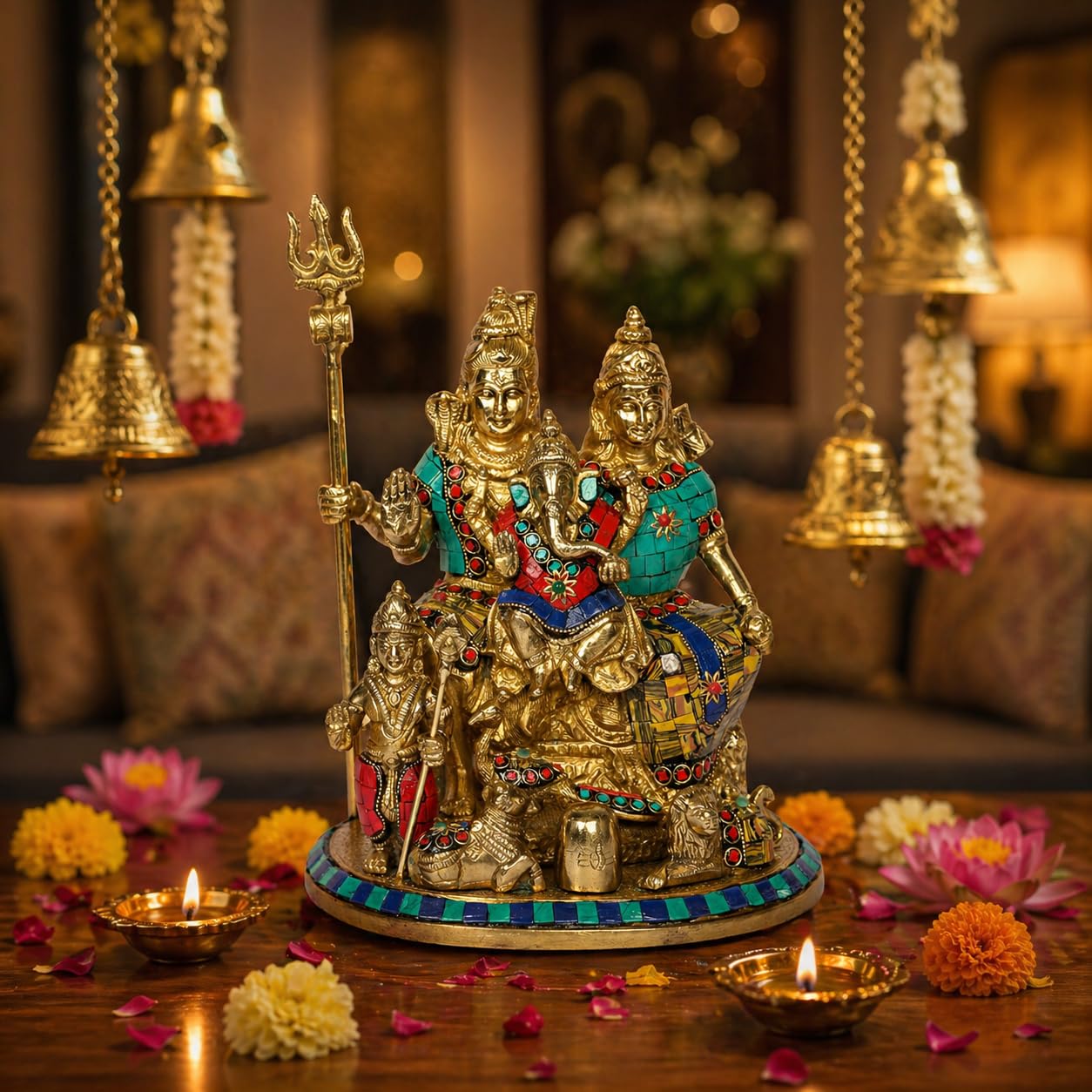 SVARUP Brass Shiva Parvati Shiv Parivar Shankar Bhagwan Ganesh Family Murti Idol Statue Sculpture Multicolor Height 10 Inch