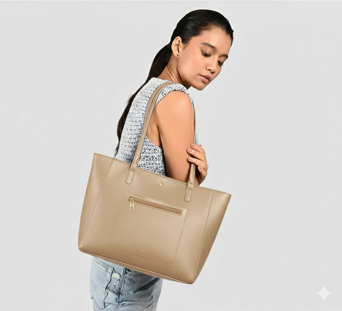 Zutiva tote bag for women office use - Beige Nude Vegan Leather Tote Bag for Work- Office, Daily Use Large Shoulder Handbag Stylish & Lightweight Fits 15-inch Laptop