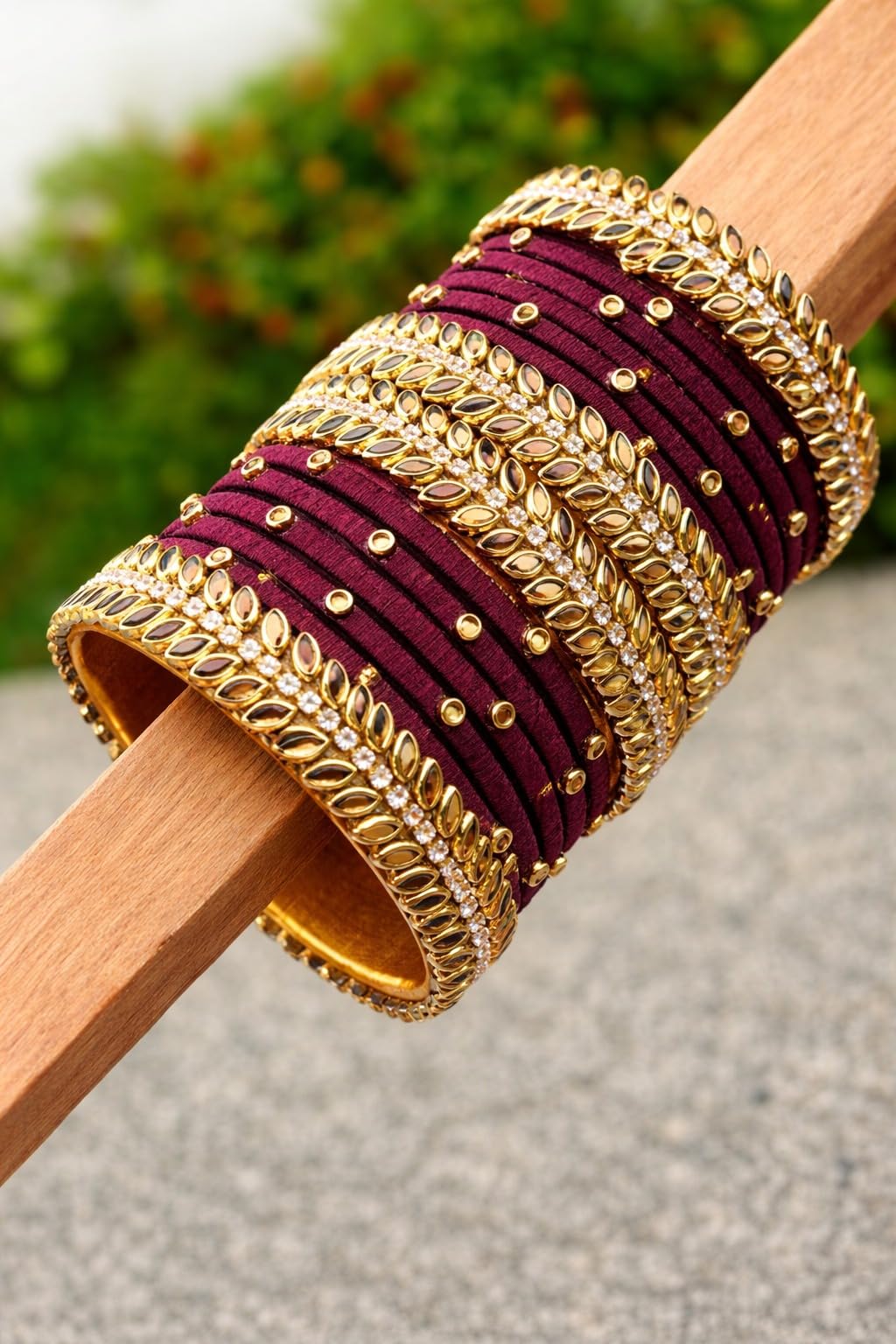 DIYASTHREADSANDBEADS Handmade Silk Thread Designer Bangle Set for Women | Maroon Traditional Bangles with Gold Stone Work | Bridal, Wedding, Festive, Party & Ethnic Wear Jewellery (Pack of 1) (2.2)