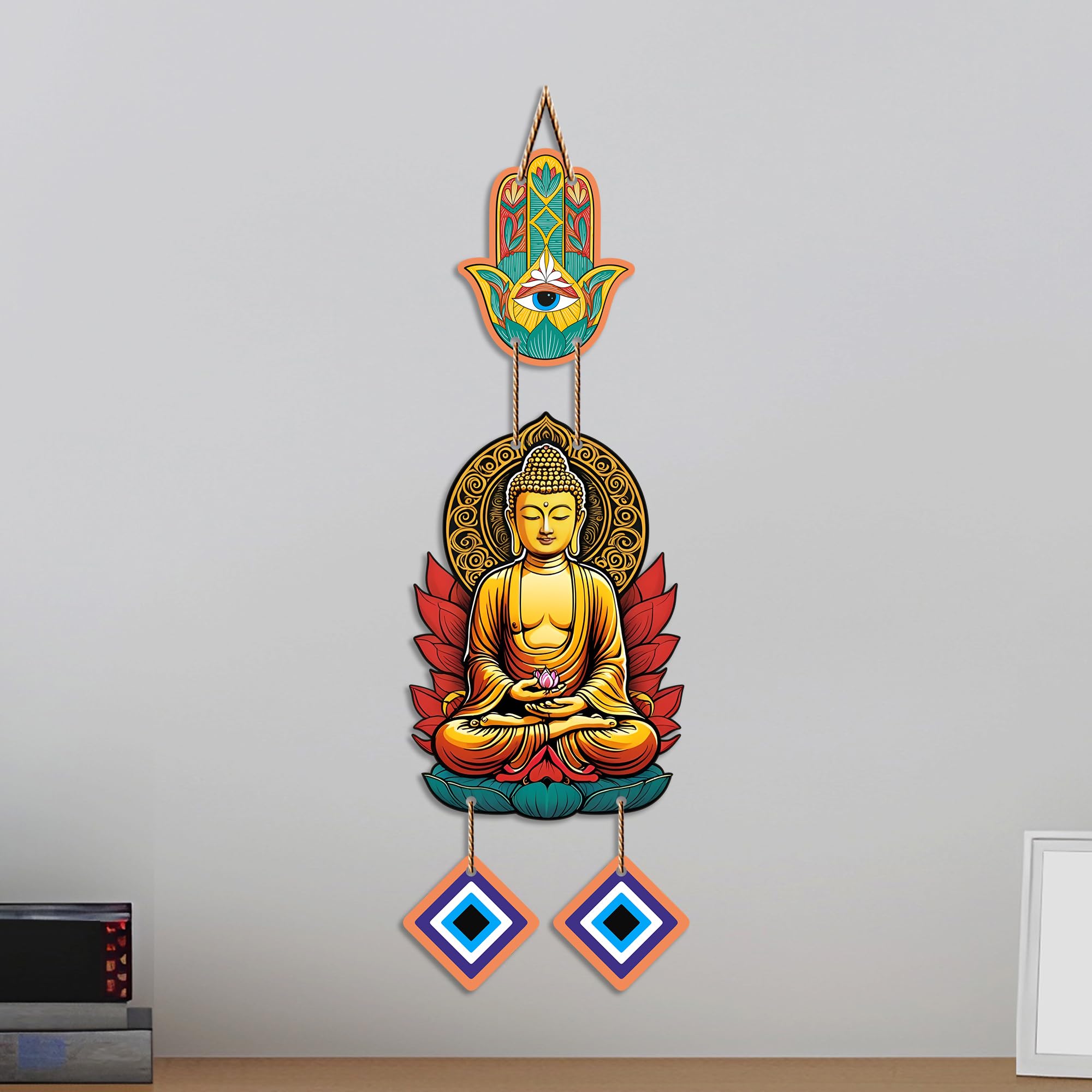 Artvibes Golden Buddha Wall Hanging with Hamsa Hand and Evil Eye Charms | Spiritual Protection Decor for Home | Meditation | Yoga Spaces & Entryway | Positive Energy Wall Art Gift (WH_8594N)
