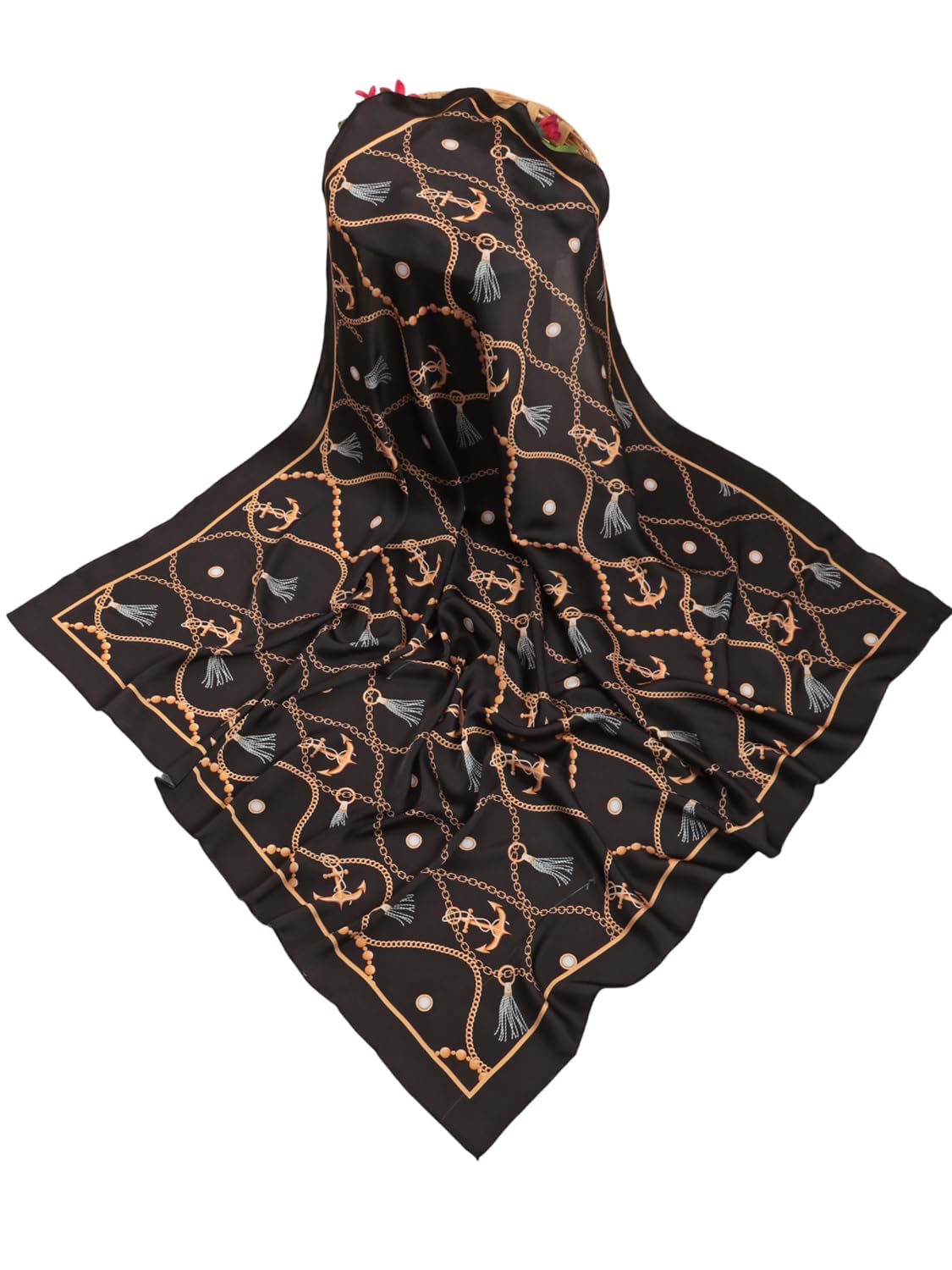 leeza store Women's Silk Scarf For Women, Deep Jet Black, Digital Printed Chain-link Pattern, 40 X 40 Stylish Stole & Headscarf