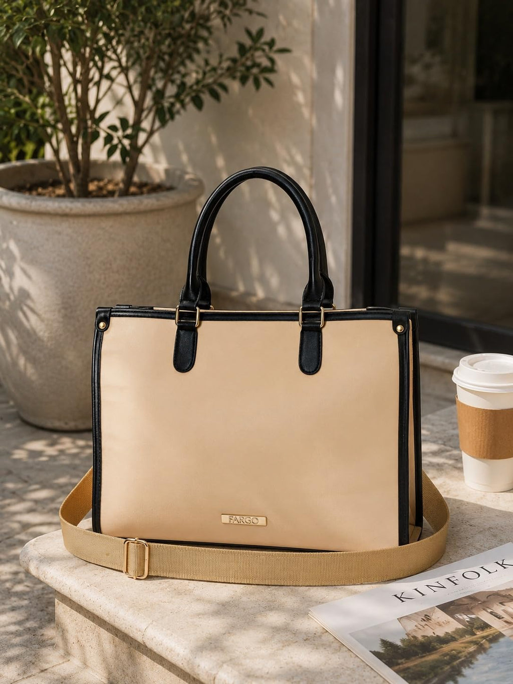 Fargo Regal Beige Vegan Leather Tote Bag for Women | Laptop Compartment, RFID Pockets, YKK Zipper, Large Office Handbag | Shoulder Bag for College & Daily Use | Made in India