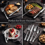 ANH MART Mirror Finish Silver Plated Stainless Steel Flatware Set Copper Silverware Set Rose Gold Spoon Color Cutlery Set [Dinner Fork-Tea Spoon-Salad Spoon-Knife] Set of (Silver DOT, 8)