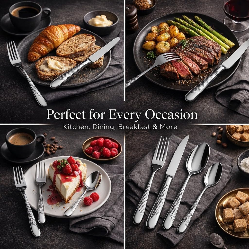 ANH MART Mirror Finish Silver Plated Stainless Steel Flatware Set Copper Silverware Set Rose Gold Spoon Color Cutlery Set [Dinner Fork-Tea Spoon-Salad Spoon-Knife] Set of (Silver DOT, 24)